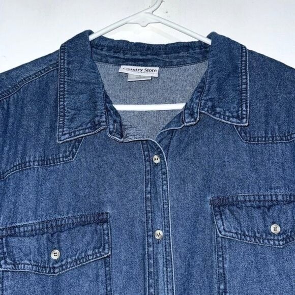 Country Store Denim Shirt With Plaid Sleeves Button-Down 3X 100% Cotton Womens - Picture 2 of 8